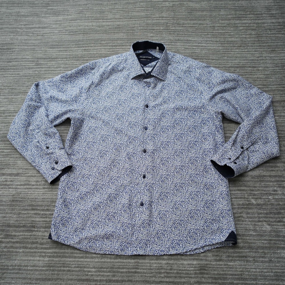Silver Stone Shirt Men Button Up Modern Fit Blue‎ Floral Long Sleeve Cotton 2XL